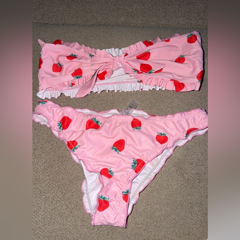 SHEIN Pink Strawberry Print Bandeau Bikini Set